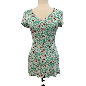 Molly Green Daisy Floral Mini Dress Small Button Front Lace-Up Back Mint Green